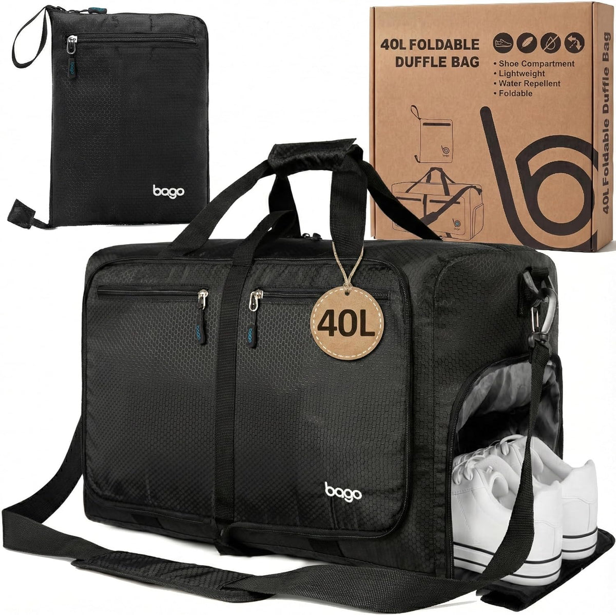 Bago Foldable Duffle Bag for Camping & Travel with Shoe Compartment. Large Duffle Bag for Women & Men. Durable Lightweight Duffel Bags for Traveling. 80L