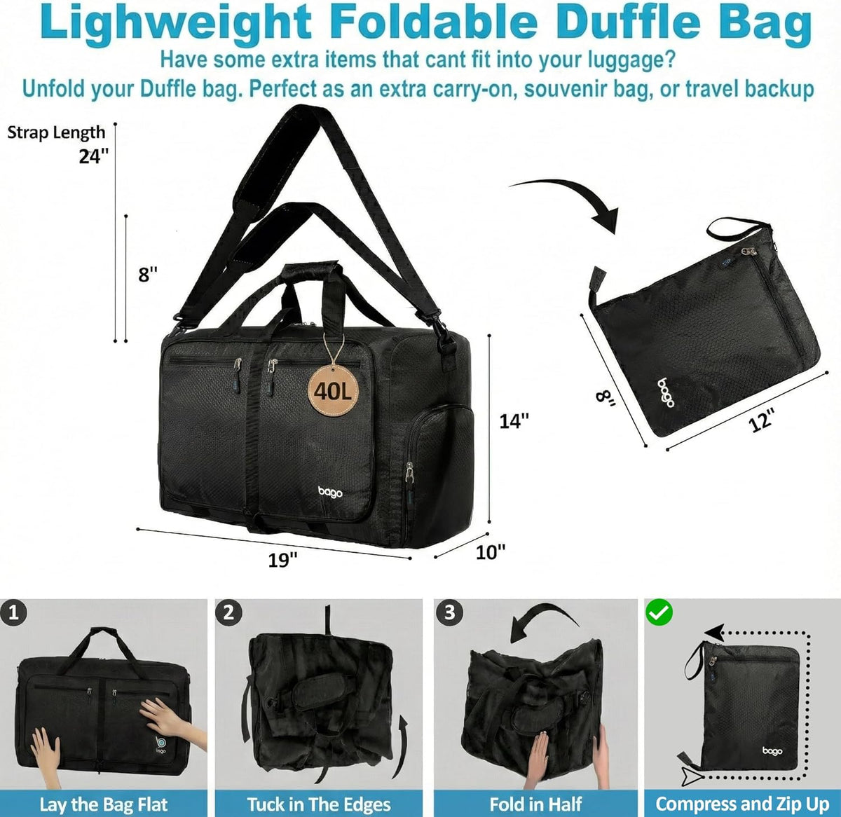 Bago Foldable Duffle Bag for Camping & Travel with Shoe Compartment. Large Duffle Bag for Women & Men. Durable Lightweight Duffel Bags for Traveling. 80L