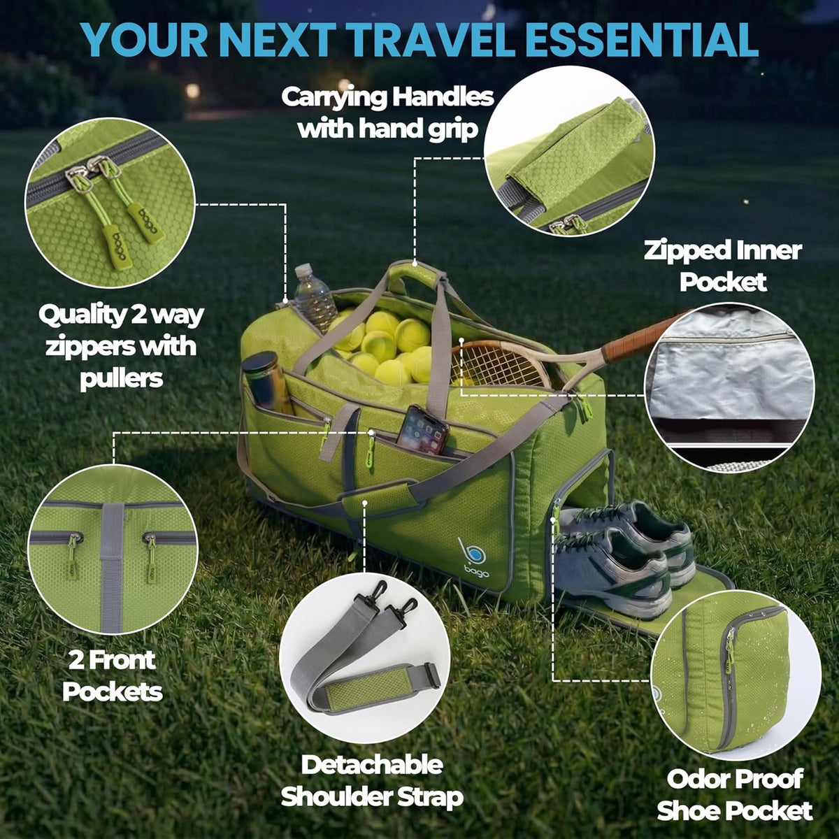 Bago Foldable Duffle Bag for Camping & Travel with Shoe Compartment. Large Duffle Bag for Women & Men. Durable Lightweight Duffel Bags for Traveling. 80L