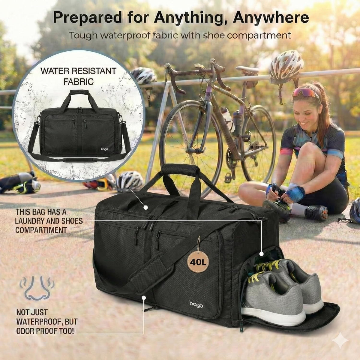 Bago Foldable Duffle Bag for Camping & Travel with Shoe Compartment. Large Duffle Bag for Women & Men. Durable Lightweight Duffel Bags for Traveling. 80L