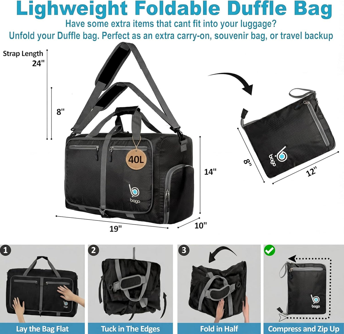 Bago Foldable Duffle Bag for Camping & Travel with Shoe Compartment. Large Duffle Bag for Women & Men. Durable Lightweight Duffel Bags for Traveling. 80L