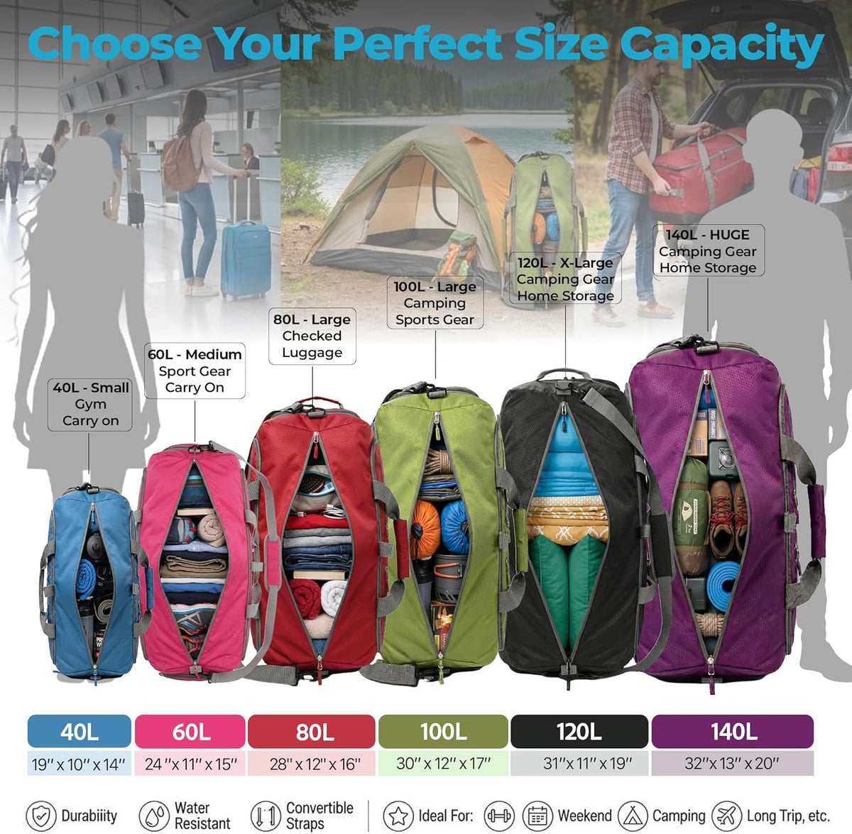 Bago Foldable Duffle Bag for Camping & Travel with Shoe Compartment. Large Duffle Bag for Women & Men. Durable Lightweight Duffel Bags for Traveling. 80L