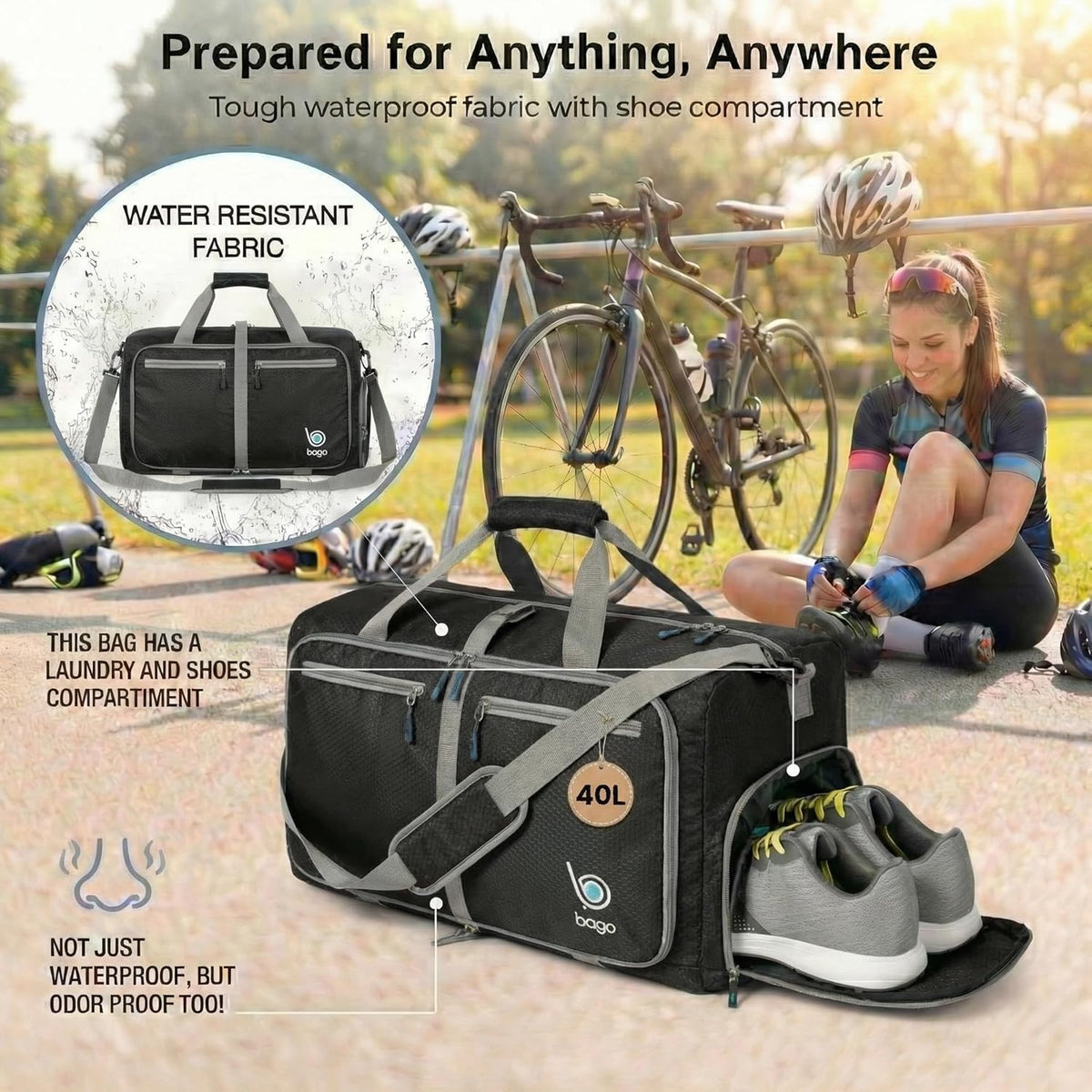 Bago Foldable Duffle Bag for Camping & Travel with Shoe Compartment. Large Duffle Bag for Women & Men. Durable Lightweight Duffel Bags for Traveling. 80L