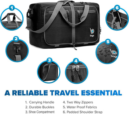 Bago Foldable Duffle Bag for Camping & Travel with Shoe Compartment. Large Duffle Bag for Women & Men. Durable Lightweight Duffel Bags for Traveling. 80L