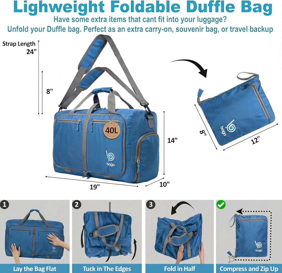 Bago Foldable Duffle Bag for Camping & Travel with Shoe Compartment. Large Duffle Bag for Women & Men. Durable Lightweight Duffel Bags for Traveling. 80L