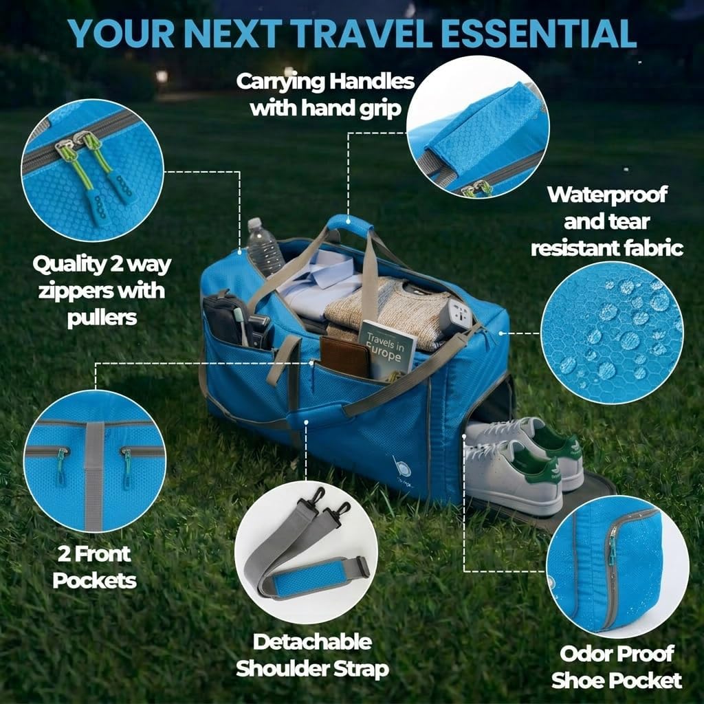 Bago Foldable Duffle Bag for Camping & Travel with Shoe Compartment. Large Duffle Bag for Women & Men. Durable Lightweight Duffel Bags for Traveling. 80L