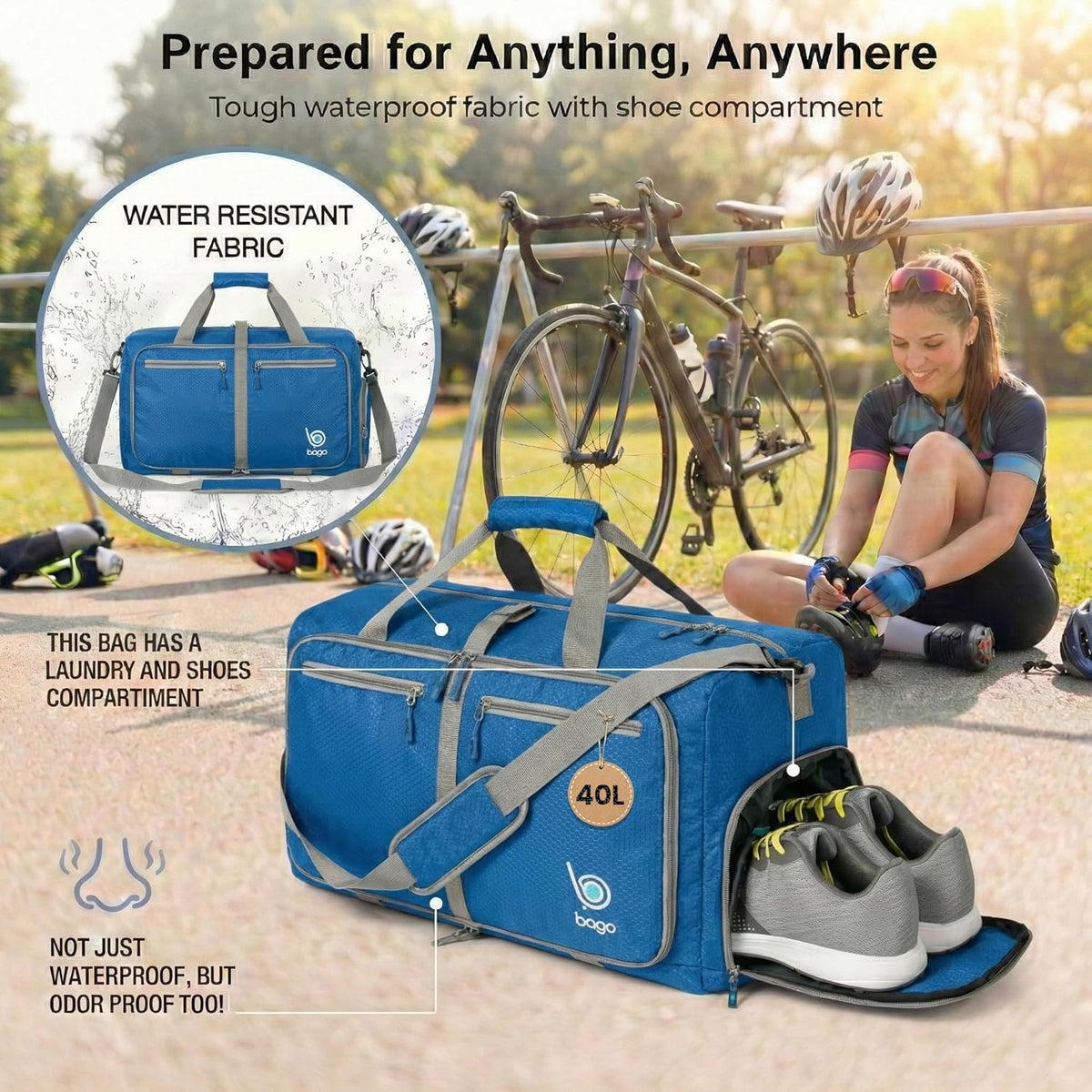 Bago Foldable Duffle Bag for Camping & Travel with Shoe Compartment. Large Duffle Bag for Women & Men. Durable Lightweight Duffel Bags for Traveling. 80L