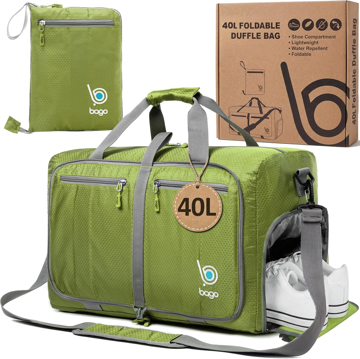 Bago Foldable Duffle Bag for Camping & Travel with Shoe Compartment. Large Duffle Bag for Women & Men. Durable Lightweight Duffel Bags for Traveling. 80L