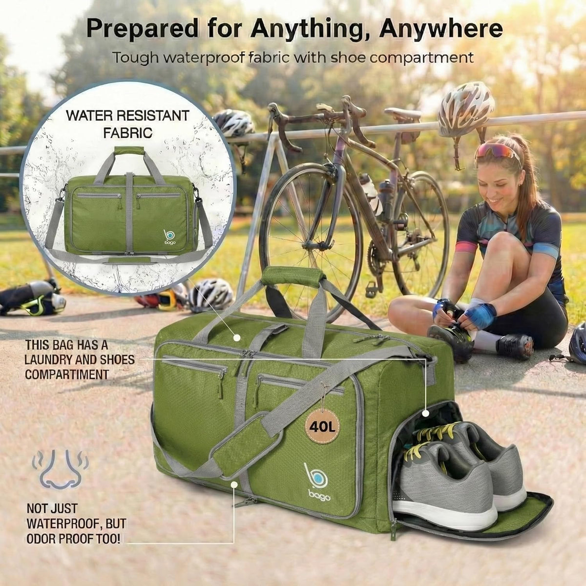 Bago Foldable Duffle Bag for Camping & Travel with Shoe Compartment. Large Duffle Bag for Women & Men. Durable Lightweight Duffel Bags for Traveling. 80L
