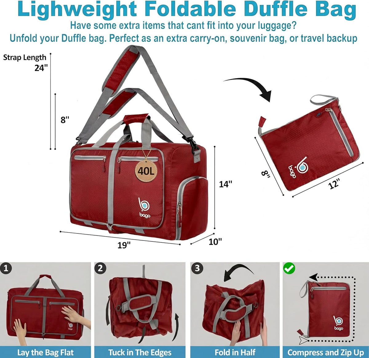 Bago Foldable Duffle Bag for Camping & Travel with Shoe Compartment. Large Duffle Bag for Women & Men. Durable Lightweight Duffel Bags for Traveling. 80L