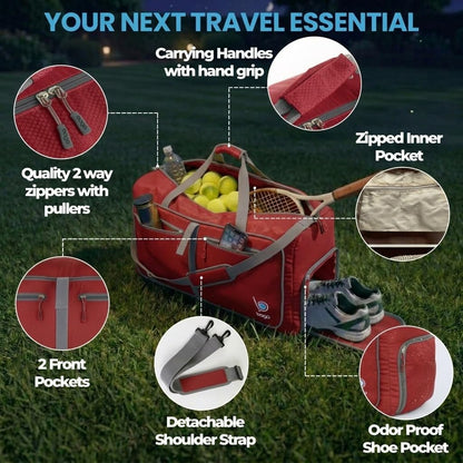 Bago Foldable Duffle Bag for Camping & Travel with Shoe Compartment. Large Duffle Bag for Women & Men. Durable Lightweight Duffel Bags for Traveling. 80L