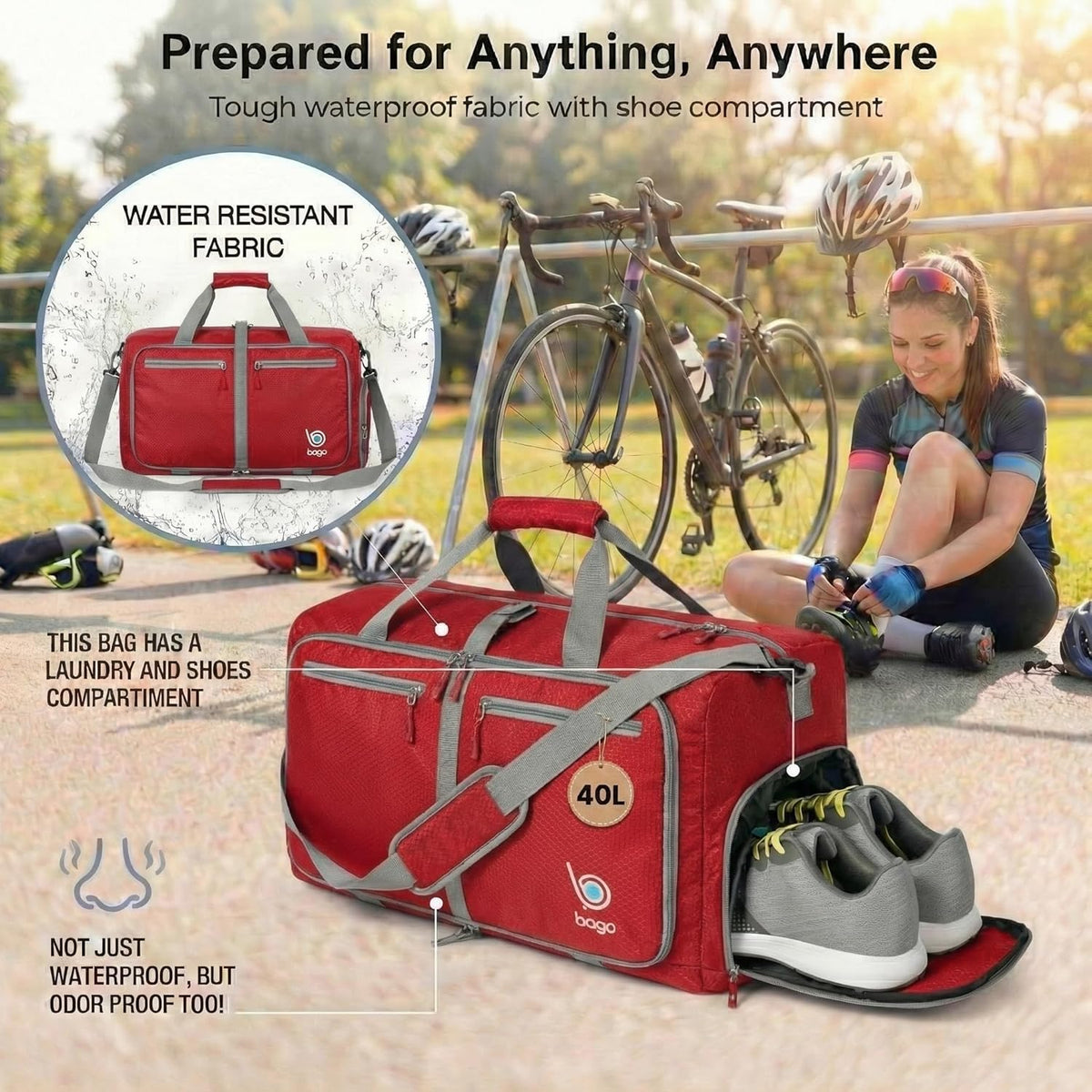 Bago Foldable Duffle Bag for Camping & Travel with Shoe Compartment. Large Duffle Bag for Women & Men. Durable Lightweight Duffel Bags for Traveling. 80L