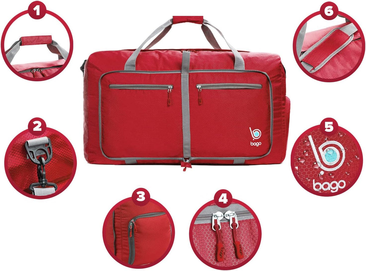 Bago Foldable Duffle Bag for Camping & Travel with Shoe Compartment. Large Duffle Bag for Women & Men. Durable Lightweight Duffel Bags for Traveling. 80L