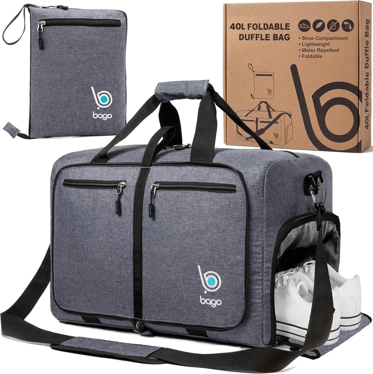 Bago Foldable Duffle Bag for Camping & Travel with Shoe Compartment. Large Duffle Bag for Women & Men. Durable Lightweight Duffel Bags for Traveling. 80L