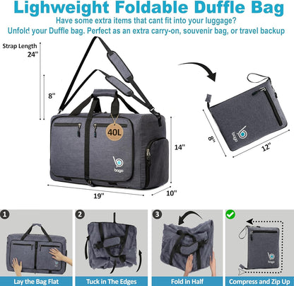 Bago Foldable Duffle Bag for Camping & Travel with Shoe Compartment. Large Duffle Bag for Women & Men. Durable Lightweight Duffel Bags for Traveling. 80L
