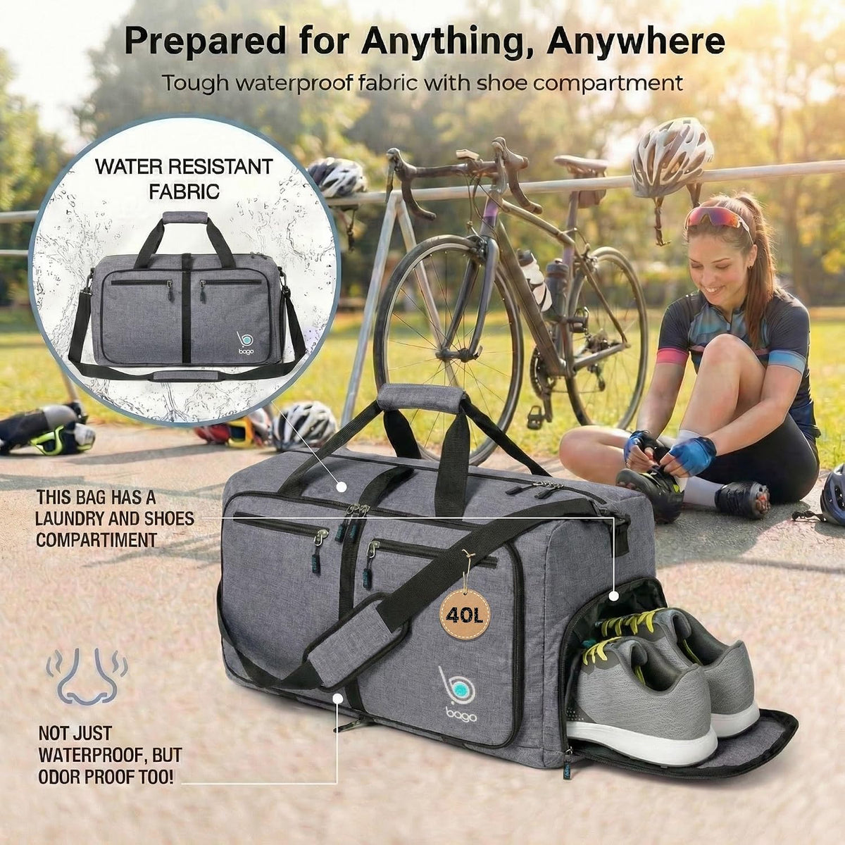 Bago Foldable Duffle Bag for Camping & Travel with Shoe Compartment. Large Duffle Bag for Women & Men. Durable Lightweight Duffel Bags for Traveling. 80L