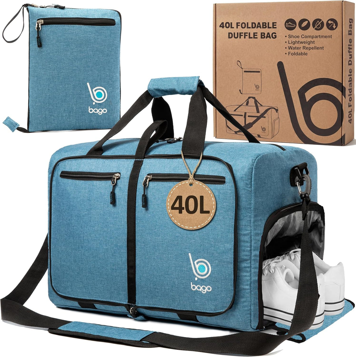 Bago Foldable Duffle Bag for Camping & Travel with Shoe Compartment. Large Duffle Bag for Women & Men. Durable Lightweight Duffel Bags for Traveling. 80L