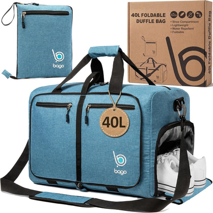Bago Foldable Duffle Bag for Camping & Travel with Shoe Compartment. Large Duffle Bag for Women & Men. Durable Lightweight Duffel Bags for Traveling. 80L