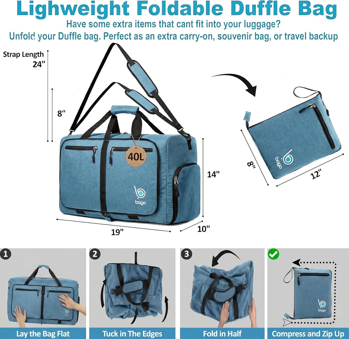 Bago Foldable Duffle Bag for Camping & Travel with Shoe Compartment. Large Duffle Bag for Women & Men. Durable Lightweight Duffel Bags for Traveling. 80L