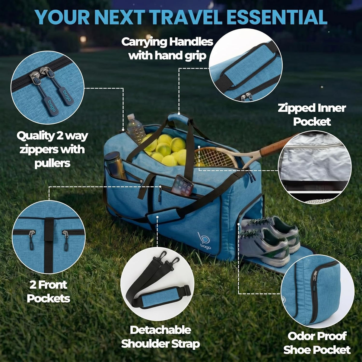 Bago Foldable Duffle Bag for Camping & Travel with Shoe Compartment. Large Duffle Bag for Women & Men. Durable Lightweight Duffel Bags for Traveling. 80L