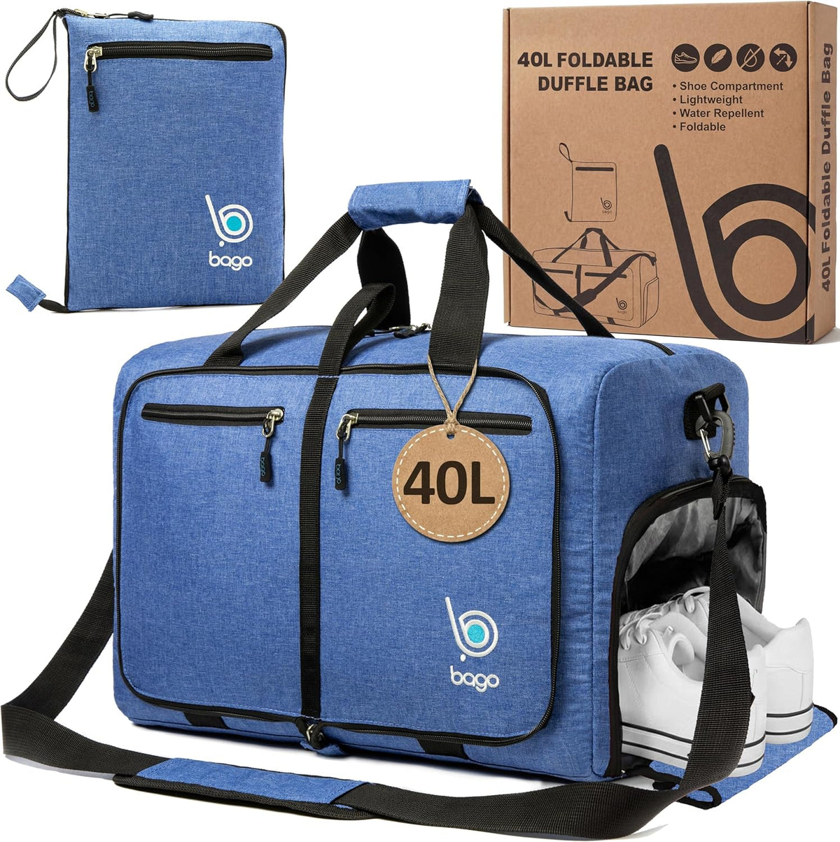 Bago Foldable Duffle Bag for Camping & Travel with Shoe Compartment. Large Duffle Bag for Women & Men. Durable Lightweight Duffel Bags for Traveling. 80L