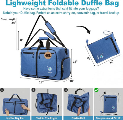 Bago Foldable Duffle Bag for Camping & Travel with Shoe Compartment. Large Duffle Bag for Women & Men. Durable Lightweight Duffel Bags for Traveling. 80L