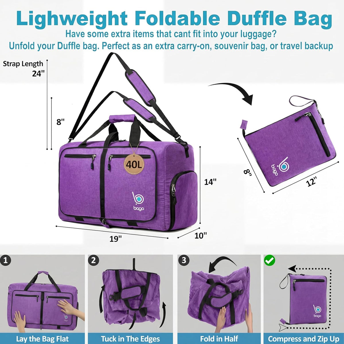 Bago Foldable Duffle Bag for Camping & Travel with Shoe Compartment. Large Duffle Bag for Women & Men. Durable Lightweight Duffel Bags for Traveling. 80L