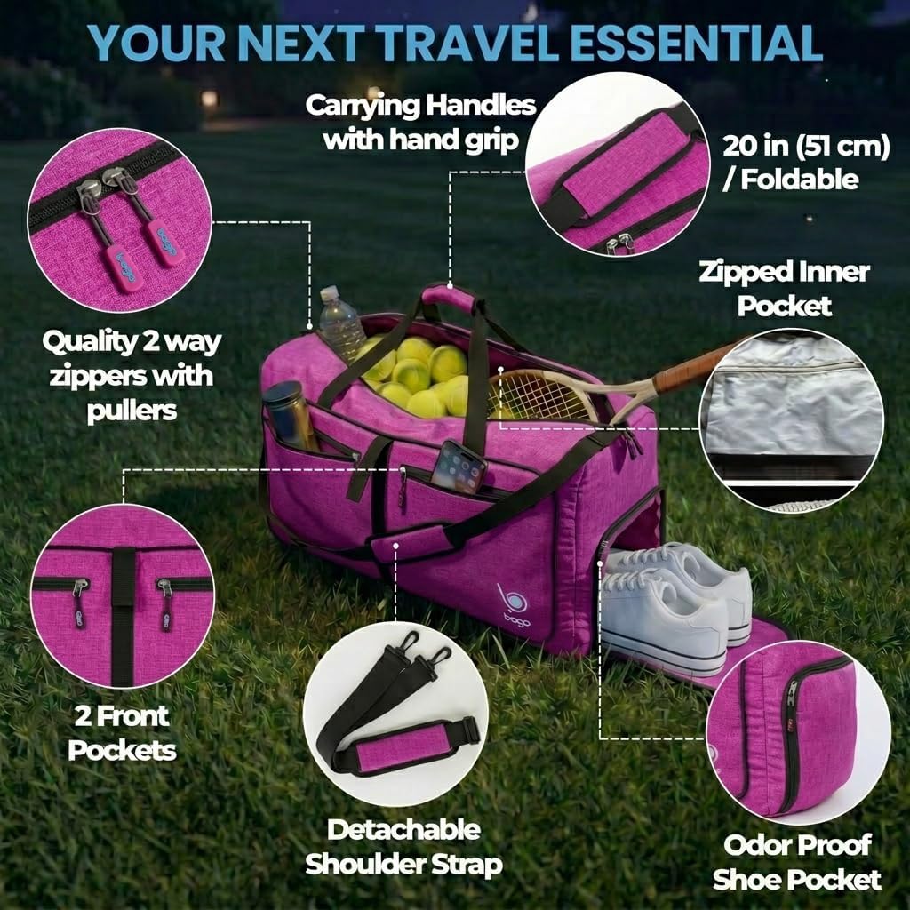 Bago Foldable Duffle Bag for Camping & Travel with Shoe Compartment. Large Duffle Bag for Women & Men. Durable Lightweight Duffel Bags for Traveling. 80L