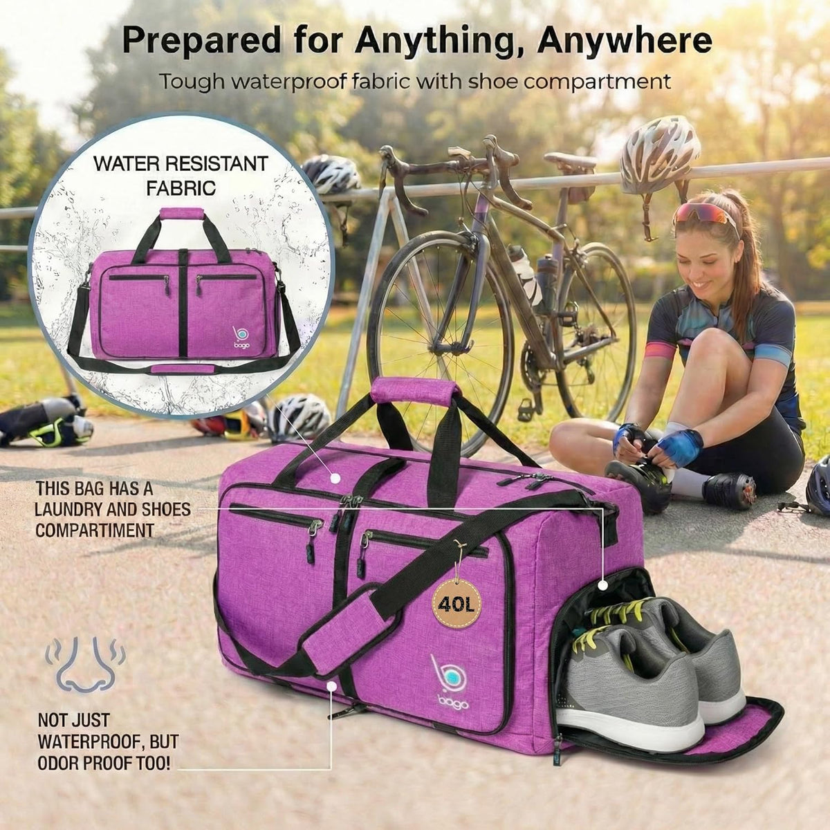 Bago Foldable Duffle Bag for Camping & Travel with Shoe Compartment. Large Duffle Bag for Women & Men. Durable Lightweight Duffel Bags for Traveling. 80L