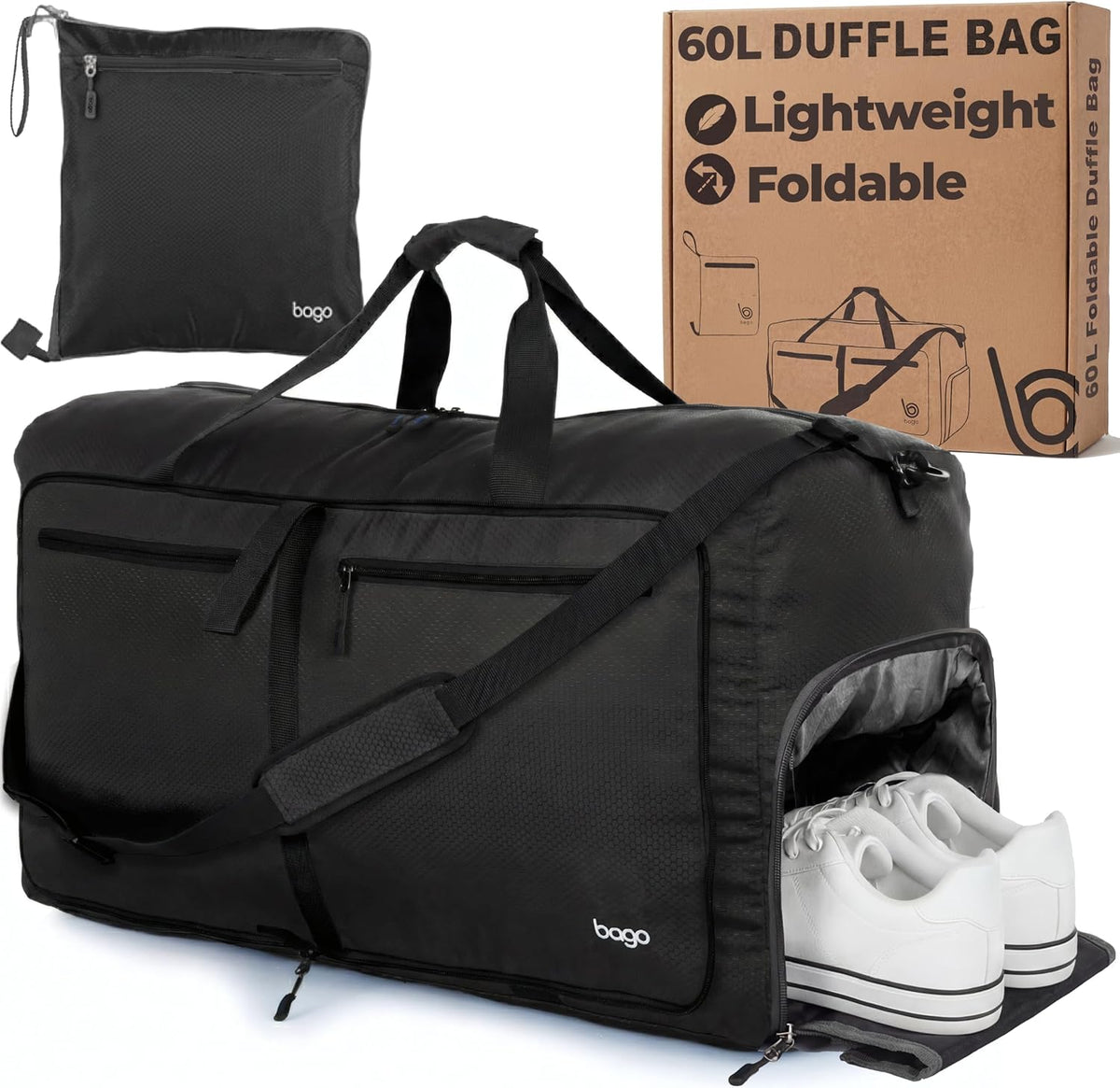Bago Foldable Duffle Bag for Camping & Travel with Shoe Compartment. Large Duffle Bag for Women & Men. Durable Lightweight Duffel Bags for Traveling. 80L