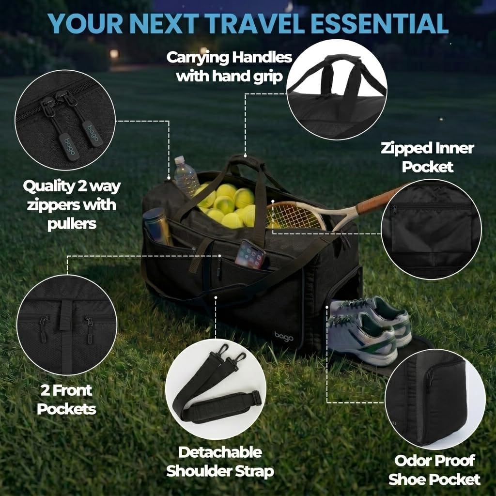 Bago Foldable Duffle Bag for Camping & Travel with Shoe Compartment. Large Duffle Bag for Women & Men. Durable Lightweight Duffel Bags for Traveling. 80L