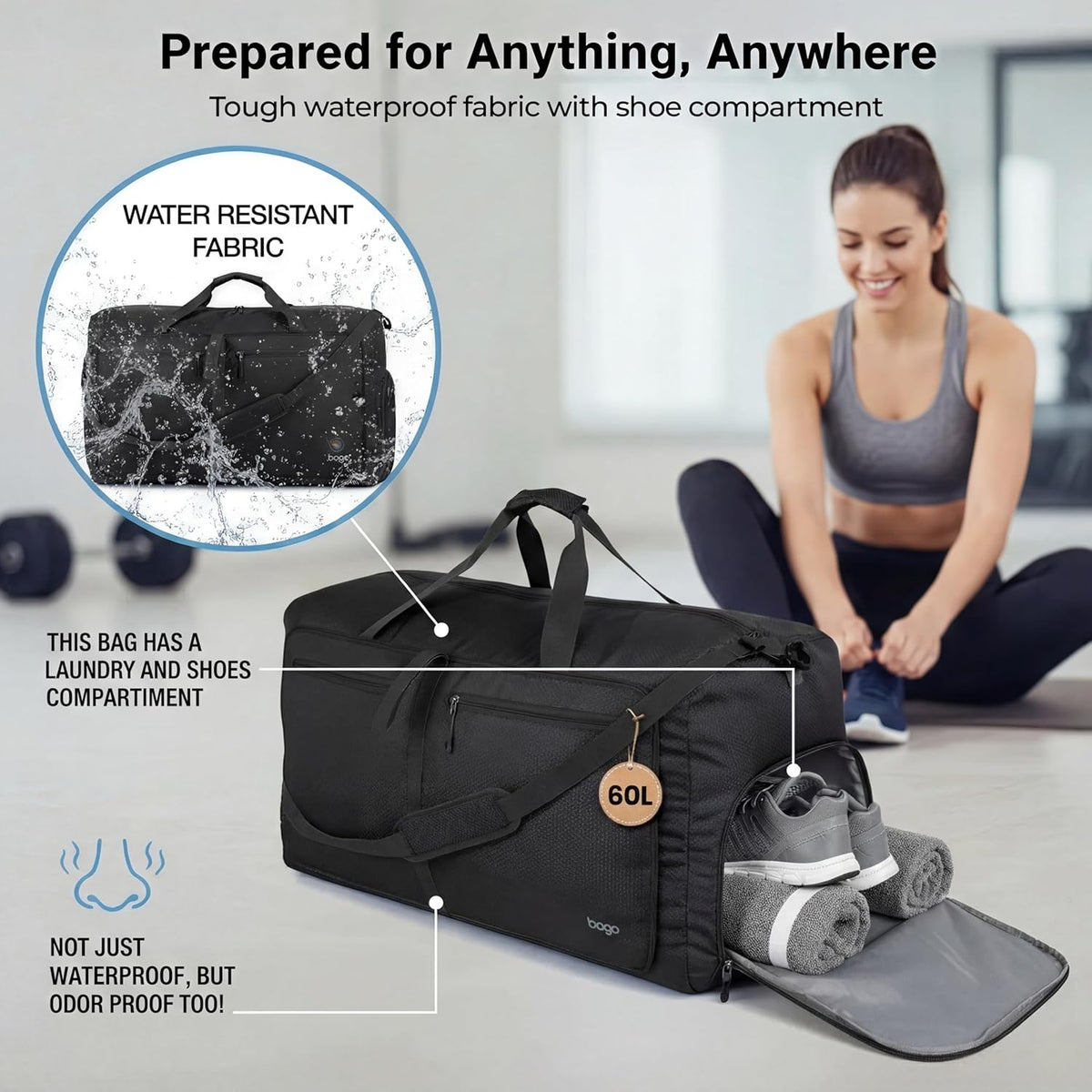 Bago Foldable Duffle Bag for Camping & Travel with Shoe Compartment. Large Duffle Bag for Women & Men. Durable Lightweight Duffel Bags for Traveling. 80L