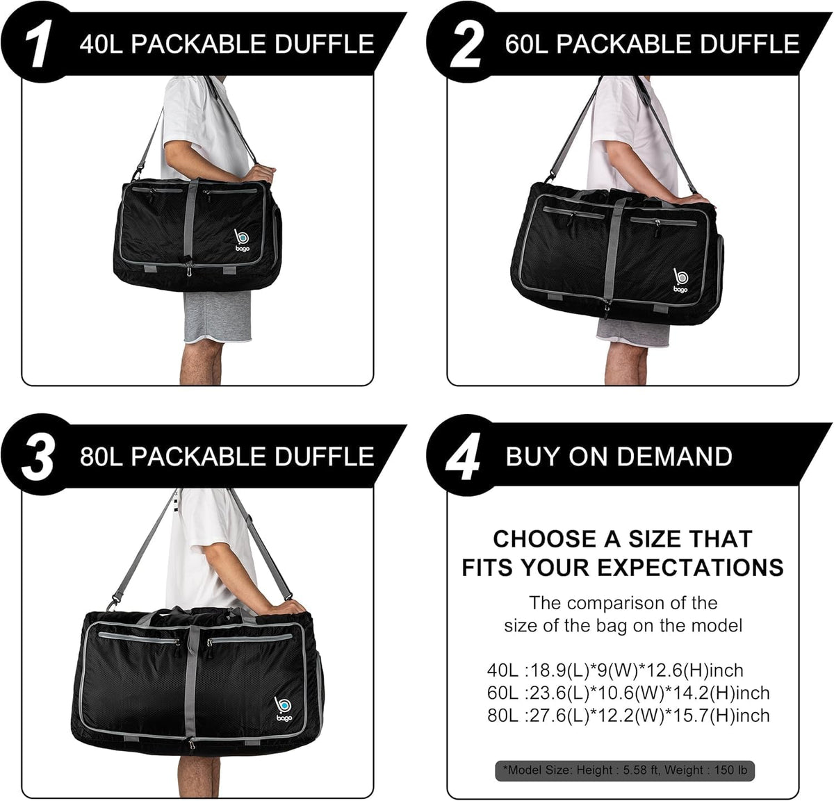 Bago Foldable Duffle Bag for Camping & Travel with Shoe Compartment. Large Duffle Bag for Women & Men. Durable Lightweight Duffel Bags for Traveling. 80L
