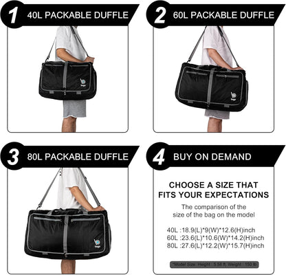 Bago Foldable Duffle Bag for Camping & Travel with Shoe Compartment. Large Duffle Bag for Women & Men. Durable Lightweight Duffel Bags for Traveling. 80L