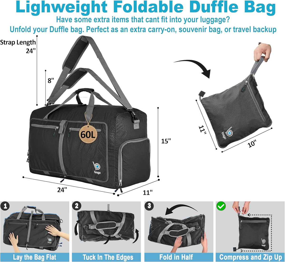 Bago Foldable Duffle Bag for Camping & Travel with Shoe Compartment. Large Duffle Bag for Women & Men. Durable Lightweight Duffel Bags for Traveling. 80L