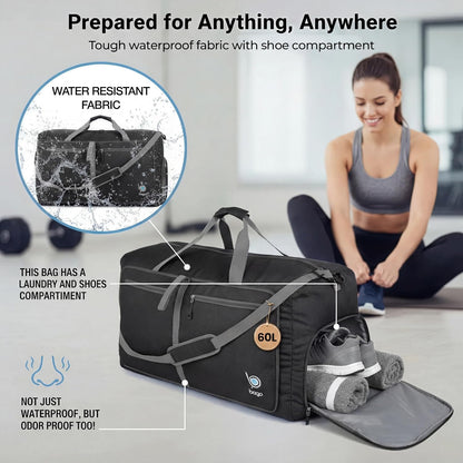 Bago Foldable Duffle Bag for Camping & Travel with Shoe Compartment. Large Duffle Bag for Women & Men. Durable Lightweight Duffel Bags for Traveling. 80L
