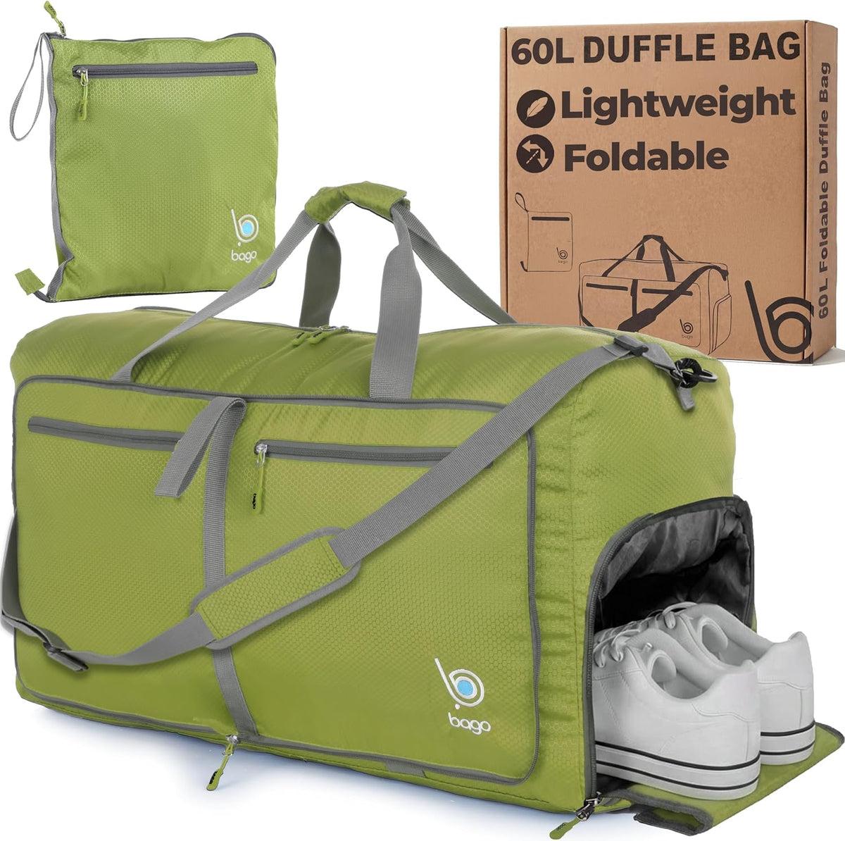 Bago Foldable Duffle Bag for Camping & Travel with Shoe Compartment. Large Duffle Bag for Women & Men. Durable Lightweight Duffel Bags for Traveling. 80L