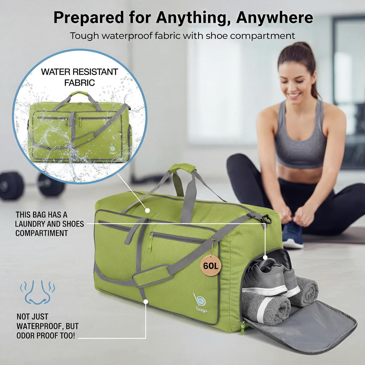 Bago Foldable Duffle Bag for Camping & Travel with Shoe Compartment. Large Duffle Bag for Women & Men. Durable Lightweight Duffel Bags for Traveling. 80L