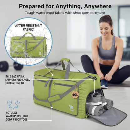Bago Foldable Duffle Bag for Camping & Travel with Shoe Compartment. Large Duffle Bag for Women & Men. Durable Lightweight Duffel Bags for Traveling. 80L