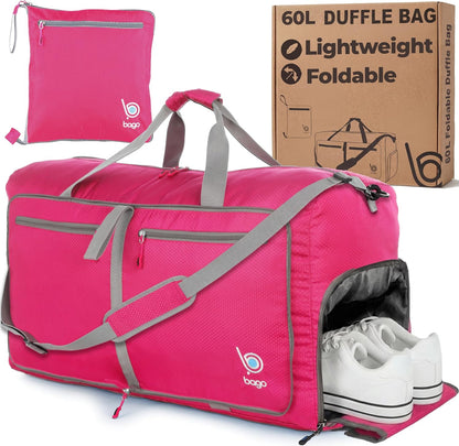 Bago Foldable Duffle Bag for Camping & Travel with Shoe Compartment. Large Duffle Bag for Women & Men. Durable Lightweight Duffel Bags for Traveling. 80L
