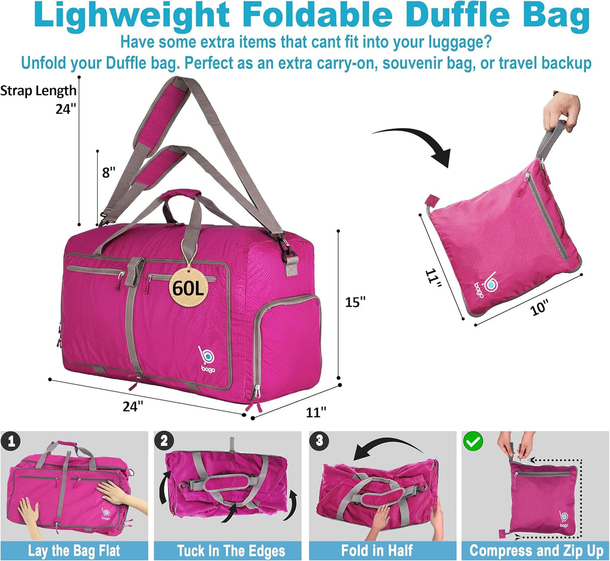 Bago Foldable Duffle Bag for Camping & Travel with Shoe Compartment. Large Duffle Bag for Women & Men. Durable Lightweight Duffel Bags for Traveling. 80L