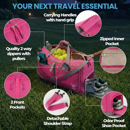 Bago Foldable Duffle Bag for Camping & Travel with Shoe Compartment. Large Duffle Bag for Women & Men. Durable Lightweight Duffel Bags for Traveling. 80L