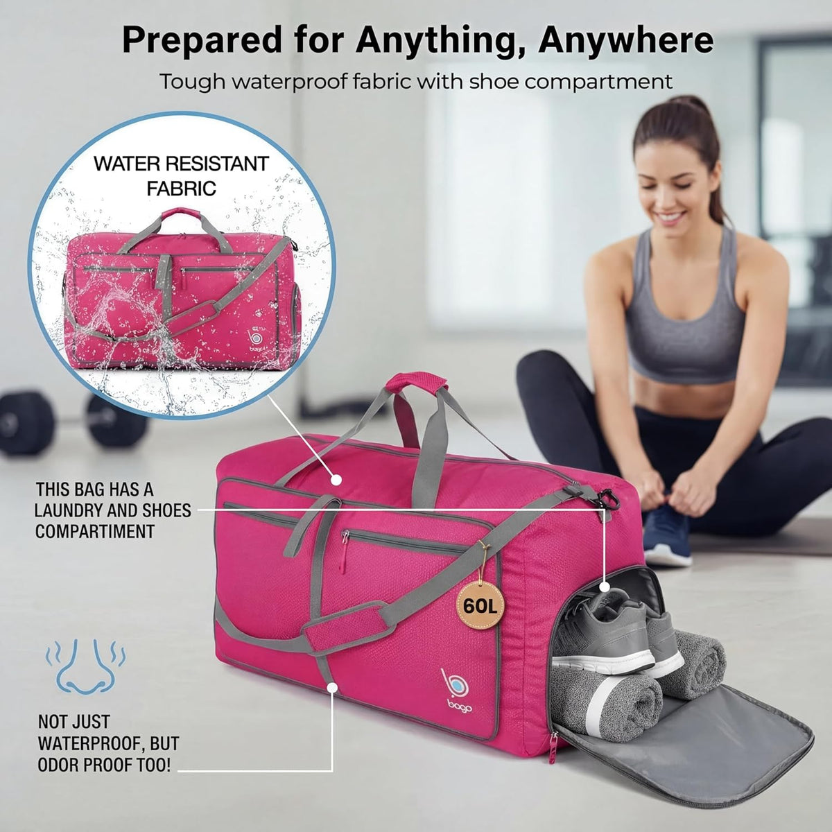 Bago Foldable Duffle Bag for Camping & Travel with Shoe Compartment. Large Duffle Bag for Women & Men. Durable Lightweight Duffel Bags for Traveling. 80L