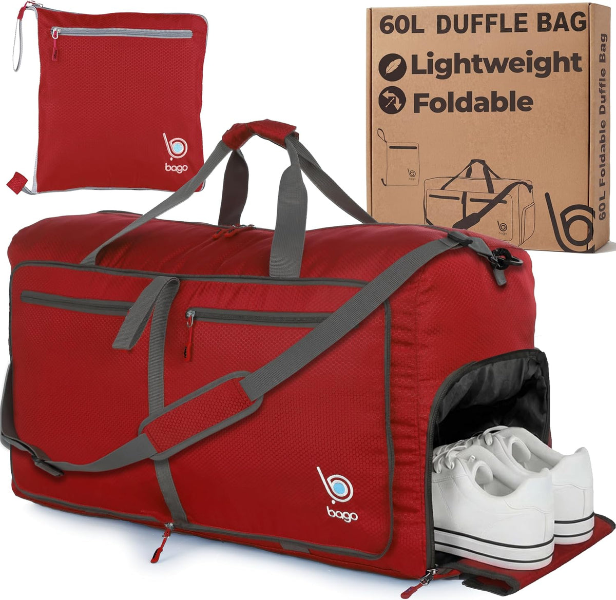 Bago Foldable Duffle Bag for Camping & Travel with Shoe Compartment. Large Duffle Bag for Women & Men. Durable Lightweight Duffel Bags for Traveling. 80L