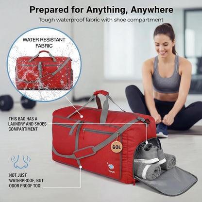 Bago Foldable Duffle Bag for Camping & Travel with Shoe Compartment. Large Duffle Bag for Women & Men. Durable Lightweight Duffel Bags for Traveling. 80L