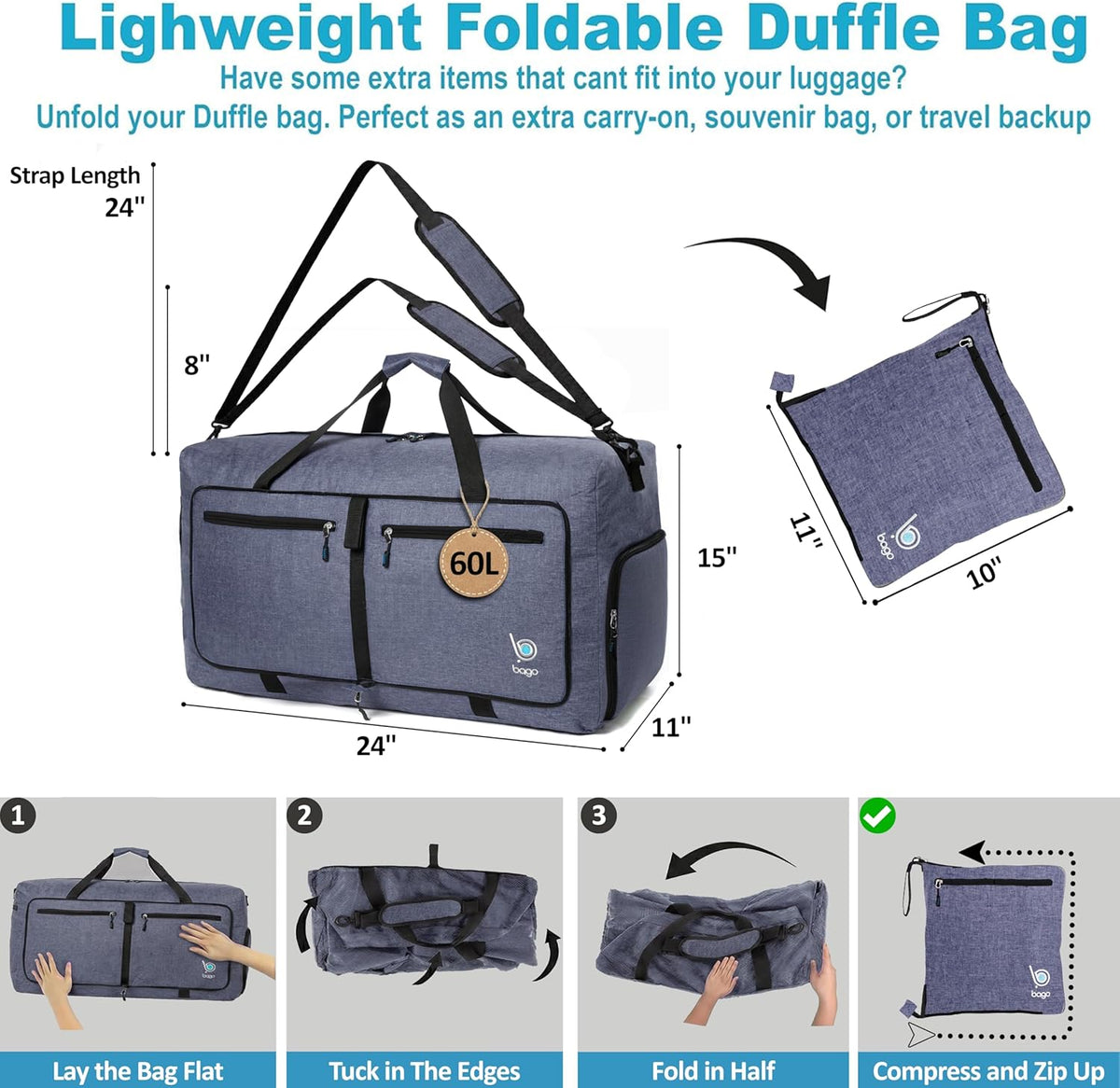 Bago Foldable Duffle Bag for Camping & Travel with Shoe Compartment. Large Duffle Bag for Women & Men. Durable Lightweight Duffel Bags for Traveling. 80L