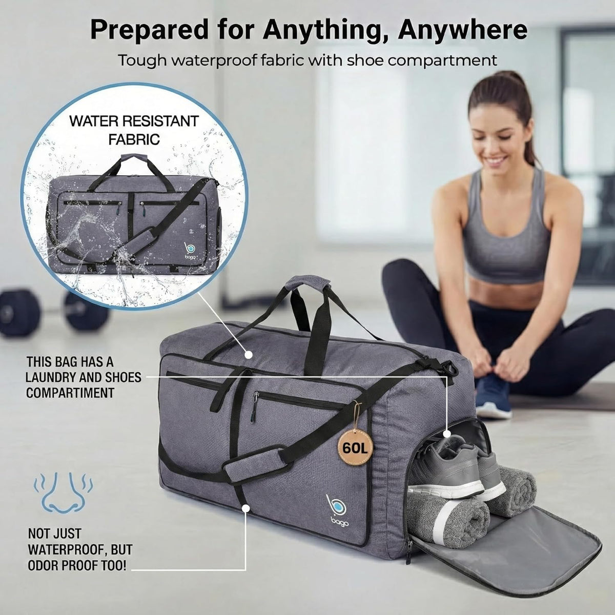 Bago Foldable Duffle Bag for Camping & Travel with Shoe Compartment. Large Duffle Bag for Women & Men. Durable Lightweight Duffel Bags for Traveling. 80L