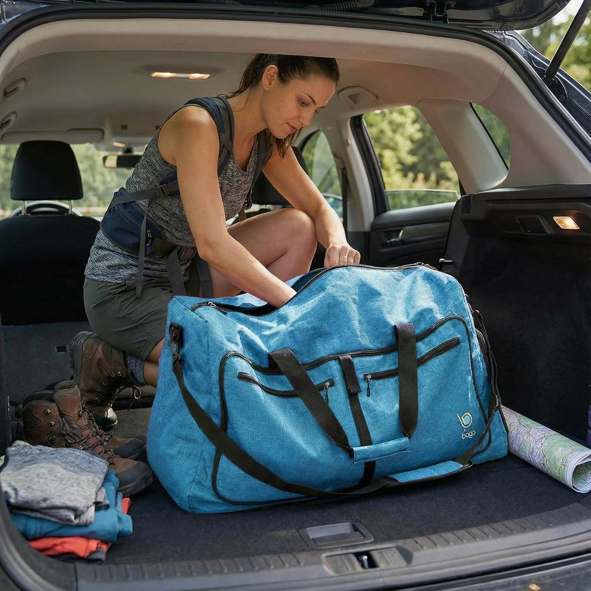 Bago Foldable Duffle Bag for Camping & Travel with Shoe Compartment. Large Duffle Bag for Women & Men. Durable Lightweight Duffel Bags for Traveling. 80L