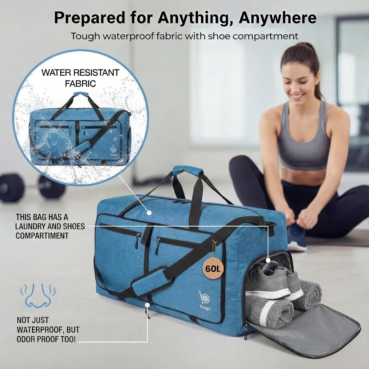 Bago Foldable Duffle Bag for Camping & Travel with Shoe Compartment. Large Duffle Bag for Women & Men. Durable Lightweight Duffel Bags for Traveling. 80L