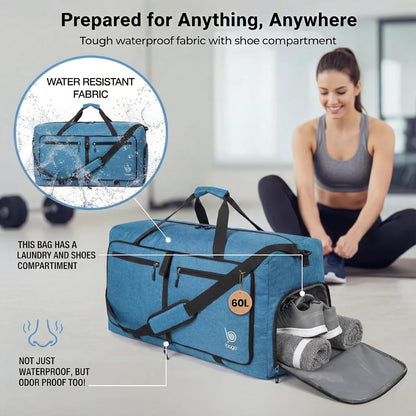 Bago Foldable Duffle Bag for Camping & Travel with Shoe Compartment. Large Duffle Bag for Women & Men. Durable Lightweight Duffel Bags for Traveling. 80L